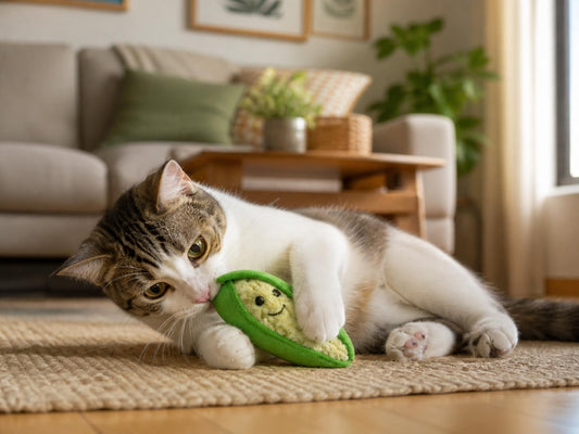 Tabby and white cat hugging and biting the Mopetpet corn catnip toy on a rug