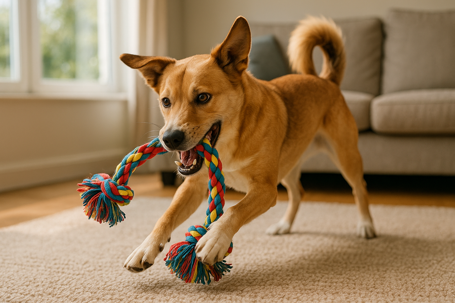 a real image which a dog is play a toy