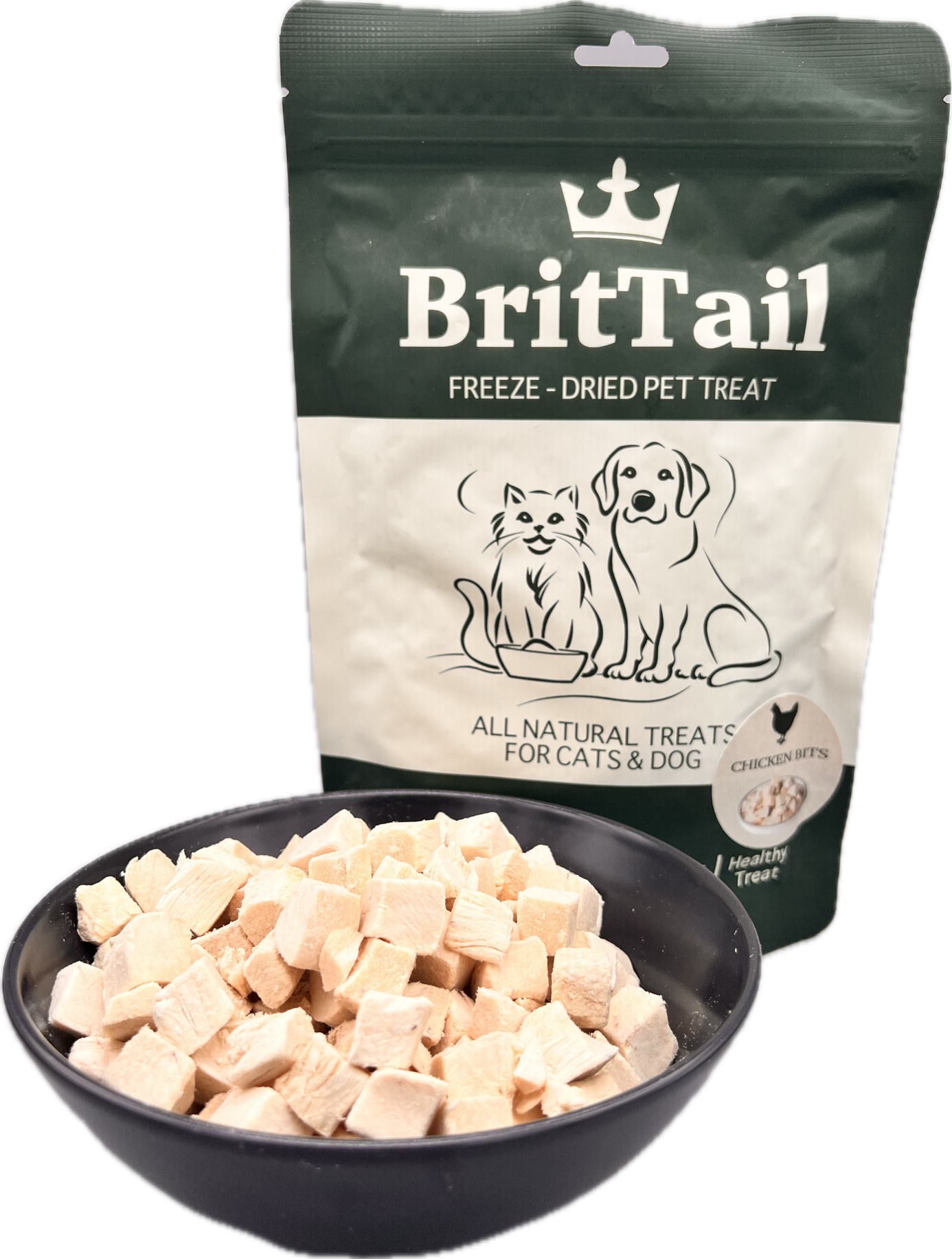 BritTail Freeze-Dried Chicken Bits product and bowl alternate