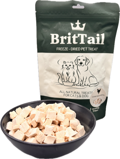 BritTail Freeze-Dried Chicken Bits product and bowl alternate