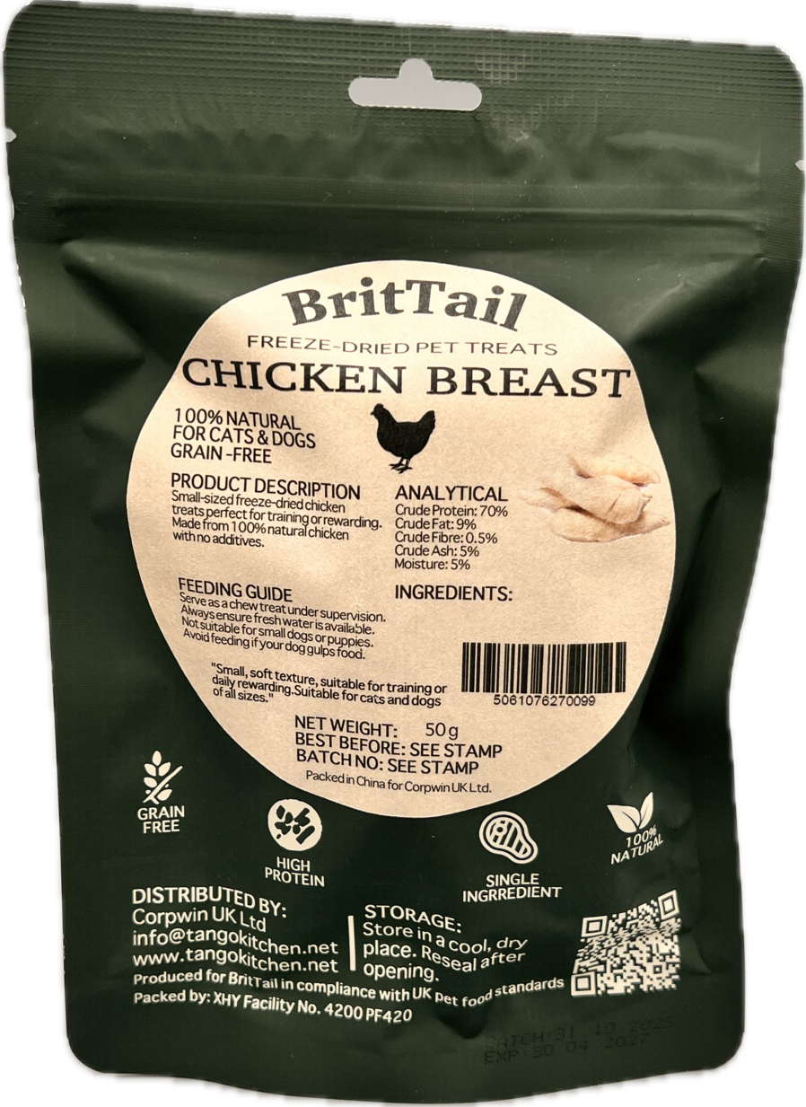 BritTail Freeze-Dried Chicken Bits 100g back label