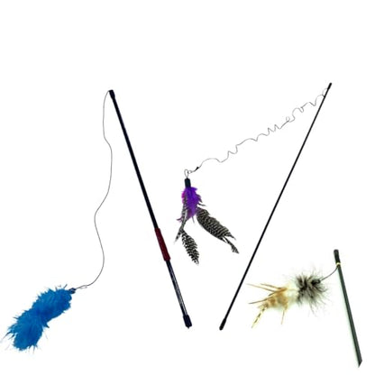 Natural Feather Cat Teaser Wand Bundle. Colorful and Interactive Cat Toys for Cats/Kitten (3pcs set)